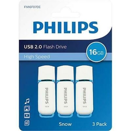Philips PHMMD16GSNOWU2P3 USB2.0 Snow 16GB Snow Edition Flash Drive; White & Blue - Pack Of 3